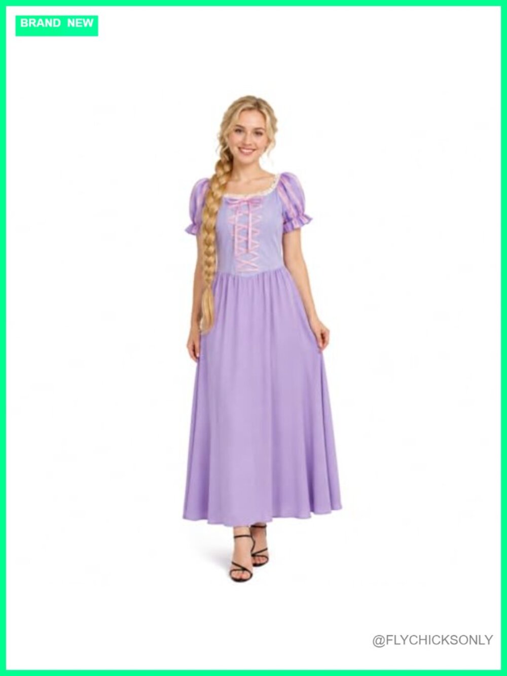 Rapunzel Costume Women Princess Dress Puff Sleeves Twirl Skirt Gown Halloween